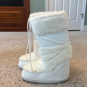 Moon Boot White Faux Fur Wedge Snow Boots